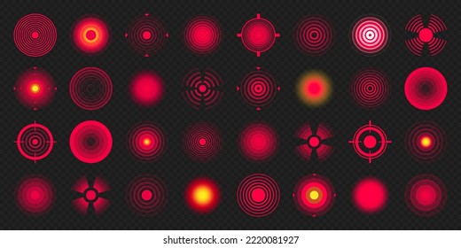 Pain localization marks. Painful area, aching spot. Red circles, targets. Headache, bruised body part marker. Back, neck, muscle pain symbol. Healthcare ad, medical information. Vector illustration.