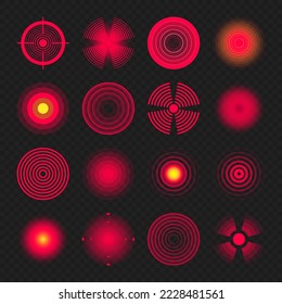 Pain localization marks. Painful area, aching spot. Red circles, targets. Headache, bruised body part marker. Back, neck, muscle pain symbol. Healthcare ad, medical information. Vector illustration.