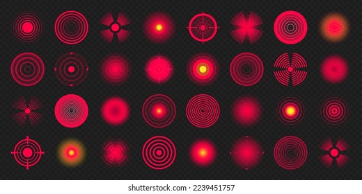 Pain localization marks. Painful area, aching spot. Red circles, targets. Headache, bruised body part marker. Back, neck, muscle pain symbol. Healthcare ad, medical information. Vector illustration.