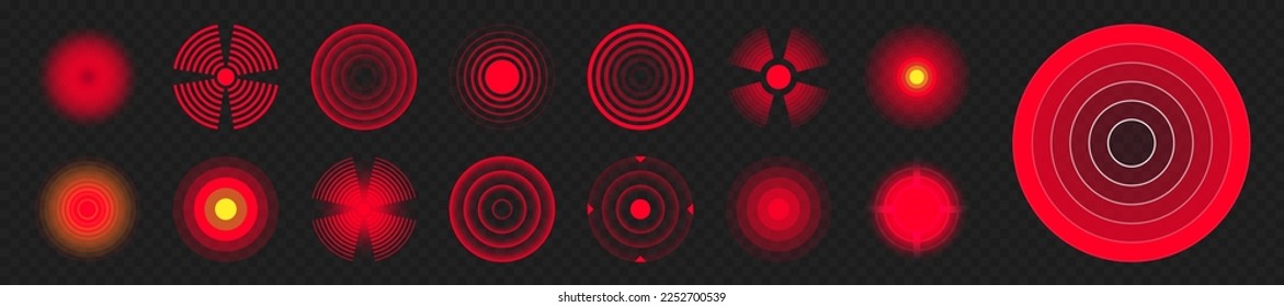 Pain localization marks. Painful area, aching spot. Red circles, targets. Headache, bruised body part marker. Back, neck, muscle pain symbol. Healthcare ad, medical information. Vector illustration.