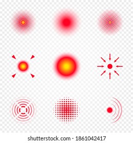 Punto de localización del dolor, conjunto de símbolos abstractos del dolor. Círculos rojos para marcar el dolor humano. Cefalea, daño en el marcador de la parte del cuerpo, dolor muscular en las articulaciones, etc. Vector