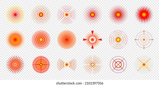 Pain localization red circle mark set. Aching place abstract symbol. Sore spot or hurt body part marker. Painkiller advertisement and medical information posters isolated vector eps design elements