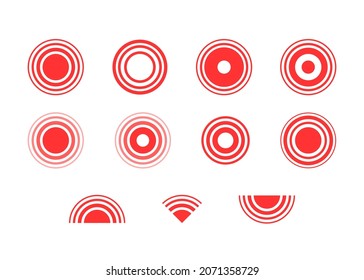 Pain localization Signo de pulso de círculo rojo conjunto. Dolor en los anillos rojos para marcar. Inflamación radial del icono. Icono de estado de destino. Símbolo de vector