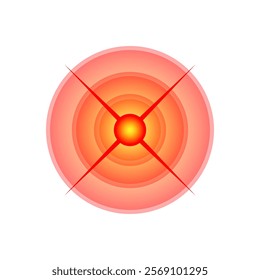 Pain localization symbol in red circle. Sore spot marker for body pain. Target for aching area, used in painkiller advertising. Abstract hurt region sign