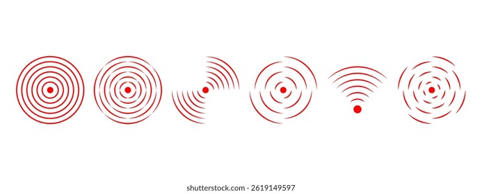 Pain localization or target icons. Sore, hurt, ache or inflammation symbols. Pulse or radiation signs. Wi-fi, radio or sound signal pictograms isolated on white background. Vector flat illustration.