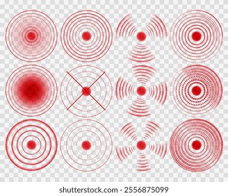 Pain Location Icons: Red Circular Ache Symbols for Healthcare and Pharmaceutical Branding Designs