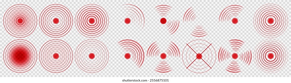 Pain Location Icons: Red Circular Ache Symbols for Healthcare and Pharmaceutical Branding Designs