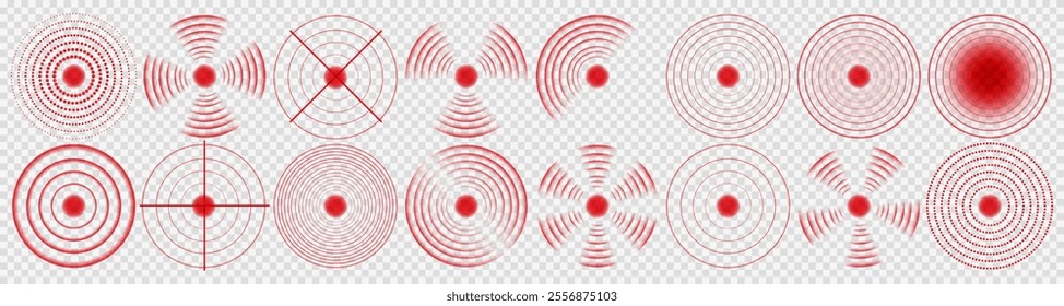 Pain Location Icons: Red Circular Ache Symbols for Healthcare and Pharmaceutical Branding Designs