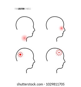Pain location symbol set. Red vector pain location signs on human heads isolated on white background.