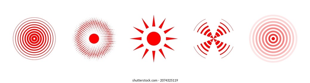 Pain location symbols set. Vector red ache pointing signs isolated on white background. Painkillers remedies targets circullar icons collection.