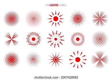 Pain location symbols set. Vector red ache pointing signs isolated on white background. Painkillers remedies targets circullar icons collection.