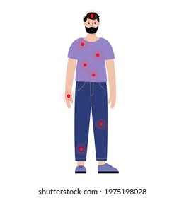 Pain in the male body. Silhouettes of man with inflammation in the chest, arms and legs. Arthritis, lung or heart disease. Digestive, respiratory, or cardiovascular systems flat vector illustration