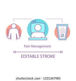 Pain management concept icon. Medical care idea thin line illustration. Headache treatment by medicine. Pain relief medication. Painkiller. Healthcare. Vector isolated outline drawing. Editable stroke