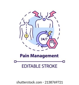 Pain management concept icon. Patient care. Service of medical center abstract idea thin line illustration. Isolated outline drawing. Editable stroke. Arial, Myriad Pro-Bold fonts used