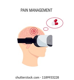 Pain Management Concept. Man In Virtual Reality Headset Feeling Pain. Vector Illustration In Flat Style