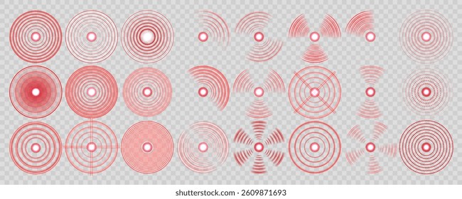 Pain marker glows in red, resembling sonar ring ripple. Localized ache sign focuses attention on tender area. Vector target icon mimics heat-based discomfort visualization.
