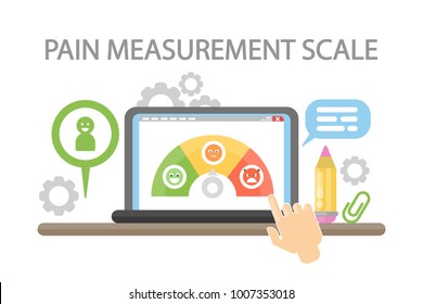 Pain measurement scale. Hands picking mood on laptop.