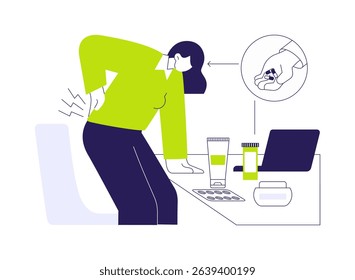 Pain medication abstract concept vector illustration. Patient with backache taking pills, pain medicine industry, pharmaceutical market, drugs usage, chronic osteochondrosis abstract metaphor.