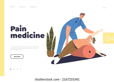 Pain medicine concept of landing page with woman exercising with roller for rehabilitation and recovery. Male doctor helping girl to do stretching exercises. Cartoon flat vector illustration