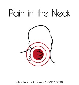 Pain in the neck linear icon. Vector abstract minimal illustration of young man with red spot on his neck suffers from pain. Design template for medicine or therapy for headache