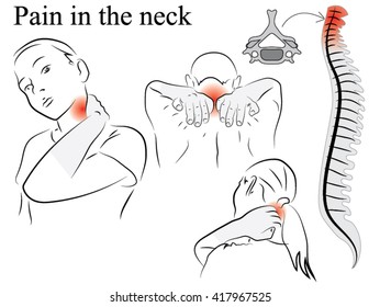 pain in the neck. Pencil drawing, black and white illustration. spine schematic image of women and men are held by the neck.