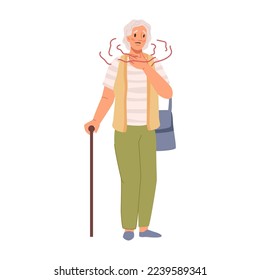 Dolor en el cuello del pensionista con bastón para caminar. Mujer anciana aislada con dolor de cuello. Personaje viejo con problemas de salud y enfermedad. Caricatura plana, ilustración vectorial