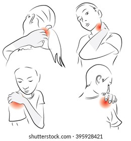 Pain in the neck  Sore neck  shoulder  upper arm  woman rubs the sore spot  Pain in the neck  Drawn by hand scribble black   white cartoon vector