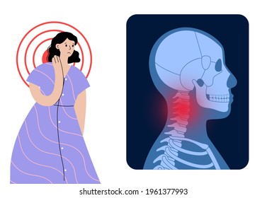 Pain in neck or spine bones. Skeleton x ray. Woman silhouette medical poster. Joints and cartilage in human body. Rheumatoid arthritis, inflammation, backbone disease concept flat vector illustration