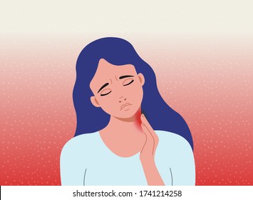 Pain In The Neck.The Woman Holding Hand On Neck In Pain. Cartoon Vector Illustration.