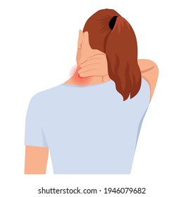 Pain In The Neck.The Woman Holding Hand On Neck In Pain. Cartoon Vector Illustration.