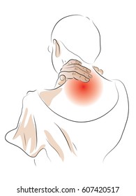 Pain in the neck, a woman holds the hand behind the neck. Colored Vector illustration.