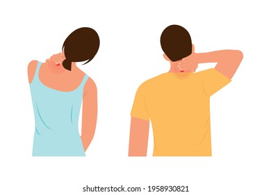 Pain In The Neck. Young Man And Woman  With Painful Neck And Shoulder, Muscle Injury, Neck Massage.Vector   Flat Illustration.People  Holding Hand On Neck In Pain. Cartoon Vector Illustration.