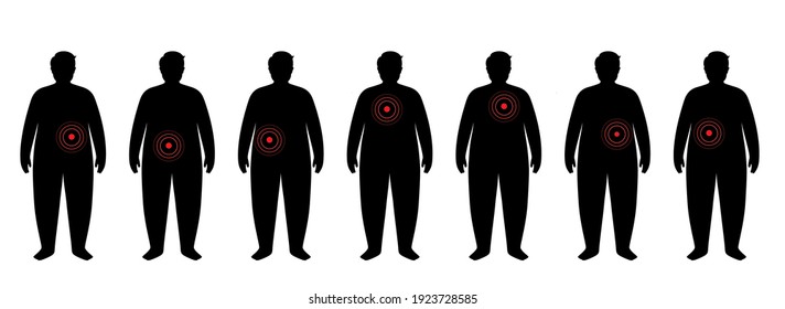 Pain in obese man body. Problem with liver, pancreas, lungs and other organs in overweight male silhouette. Disease of digestive, respiratory, cardiovascular and urinary systems vector illustration.