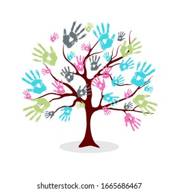  Pain, palm fingers isolated vector. Grunge. Child art logo. Cartoon handprints, palms in paint on white. Friendship.