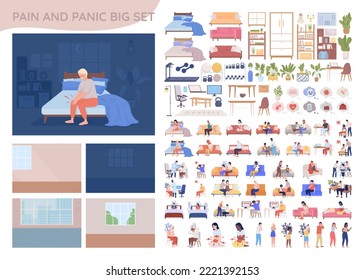 Pain and panic 2D vector isolated illustrations big set. Flat characters, objects with cartoon backgrounds. Editable constructor for web graphic design and animation. Quicksand, Bebas Neue fonts used