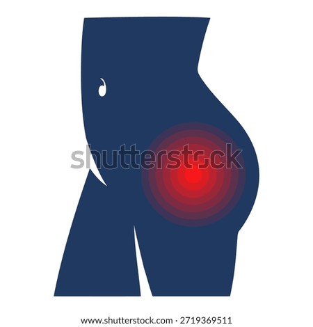 Pain in pelvis vector isolated. Illustration of a human body silhouette with a red dot as a painful area. Painful hip, problems with joint. Inflammation in pelvis.