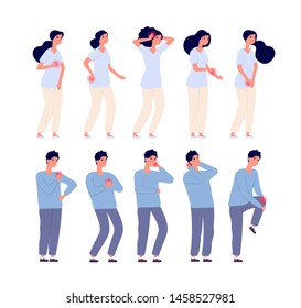 Pain people. Persons feeling toothache headache pain in arms legs and chest. Suffering female male. Body illness vector characters. Illustration of toothache and headache, pain and ache