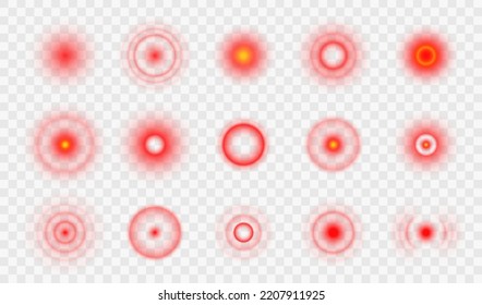 Pain point circle icons, red targets of muscle, body or stomach pain spots, vector symbols. Pain points or radial red circle icons for painkiller pills or inflammation ache medicine and drugs package