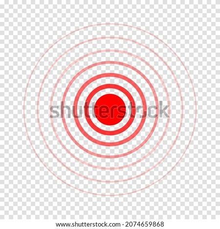 Pain point icon. Red hurt symbol. Concentric ache localization sign isolated on transparent background. Radar or sonar wave. Vector illustration.