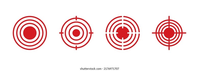 Iconos de puntos de dolor. El dolor de los círculos rojos marca. Símbolos de puntos objetivo para el diseño médico. Asesino conceptual por dolores de cabeza, dolores abdominales. Trazo editable. Ilustración vectorial aislada en fondo blanco.