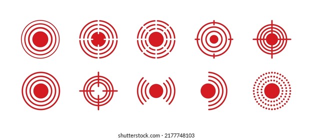 Pain point icons set. Pain red circles mark. Target spot symbols for medical design. Concept killer for headaches, abdominal aches. Editable stroke. Vector illustration isolated on white background.