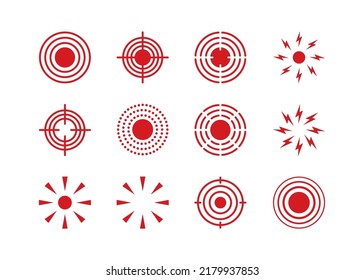 Pain point icons set. Pain red circles mark. Target spot symbols for medical design. Concept killer for headaches, abdominal aches. Editable stroke. Vector illustration isolated on white background.