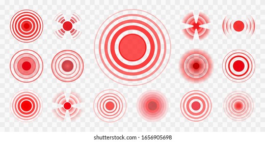 Pain pointings. Different muscles, bones and head vector ache pointing set, painkillers remedies targets circle icons