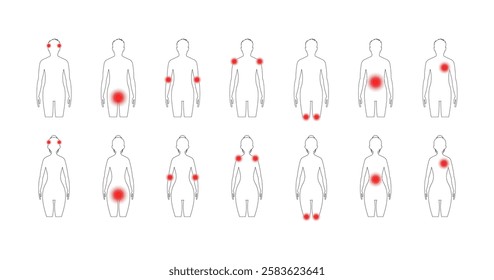 Pain points in human body for male and female adults illustrated. Vector icon