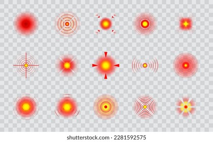 Schmerzpunkte. Muskel-, Rachen- und chronische Kopfschmerzen Symbol, Körperschädigung oder Trauma roten Marker oder Vektorzeichen. Rückenschmerzen, Zahn- oder Menstruationsschmerzen, Gelenkentzündung, Migräne-Lokalisierungsort-Symbol