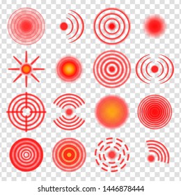 Pain points. Red circle or localization mark, abstract aching place symbol or sign, hurt body part marker, design element 