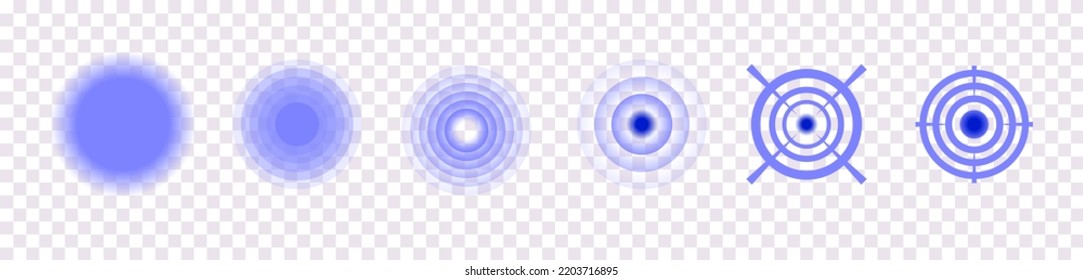 Schmerzpunkte gesetzt. Blauer Kreis markiert für medizinisches Design. Muskulatur, Zahn, Kopfschmerzen. Radialmarkierungen zur Anzeige von Körperschmerzen, Vektorgrafik auf weißem Hintergrund.