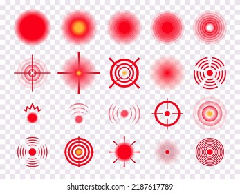 Schmerzpunkte gesetzt. Rote Kreise kennzeichnen medizinisches Design. Muskulatur, Zahn, Kopfschmerzen. Radialmarkierungen zur Anzeige von Körperschmerzen, Vektorgrafik auf weißem Hintergrund.