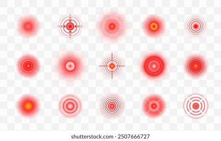 Pain points of vector red circle targets and radial spots. Stomach, throat and head ache, joint, muscle and tooth inflammation marks or paint points, sonar sound wave or radar signal isolated symbols