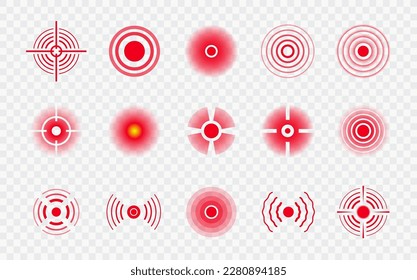 Pain points. Vector sick places localization marks isolated vector icons set. Red circular elements with targets and wavy extensions. Unpleasant physical sensations of varying intensity and body aches